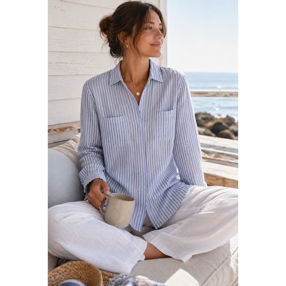 Women Linen Shirt Size 10 Blue White Striped Loungewear coastal vacation travel